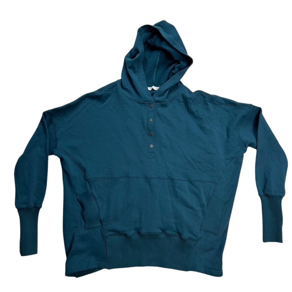 AEMI+CO Teal Blue Long Sleeve Cotton Henley Hoodie Sweatshirt Women's Medium
